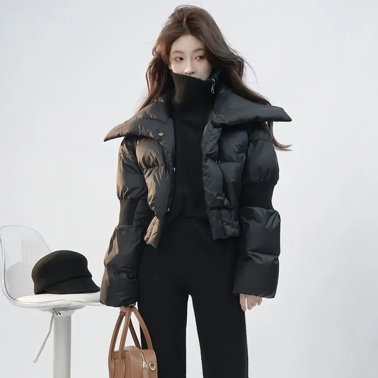 高级感超好看短款黑色羽绒棉服女款冬季小个子欧货高端轻薄面包服