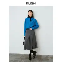 RUISHI芮时 复古百搭显瘦设计感百褶裙女小A型中低腰过膝半身裙春