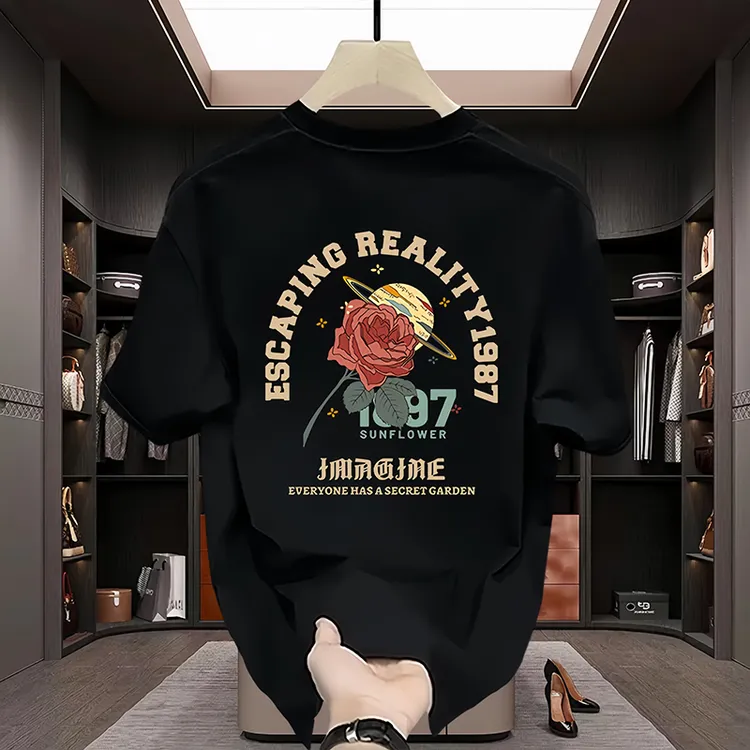 潮牌新款纯棉短袖创意玫瑰花朵印花T恤男女同款宽松百搭半袖上衣