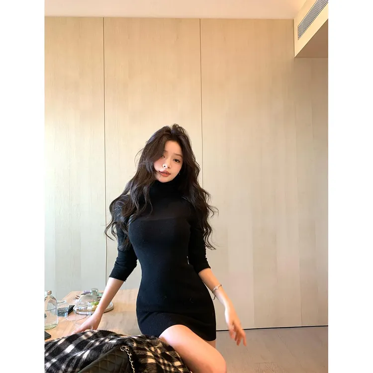 轻奢网红款【欲感美人裙】jue美半透心机 高领修身针织裙