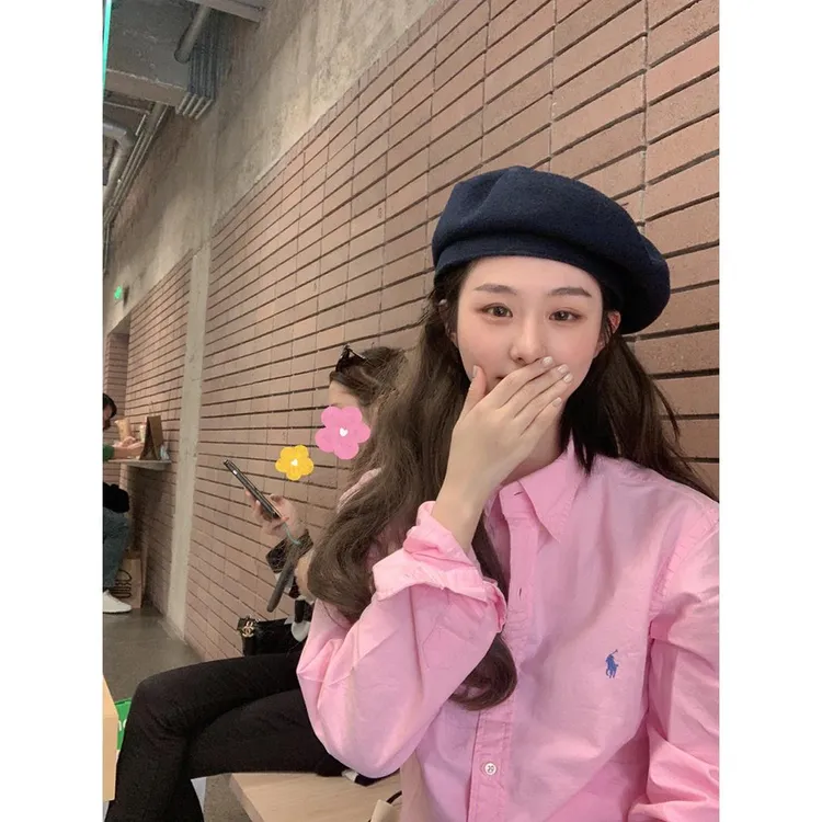 高级感粉色小马标刺绣Polo领衬衫女装宽松休闲百搭ins长袖上衣春