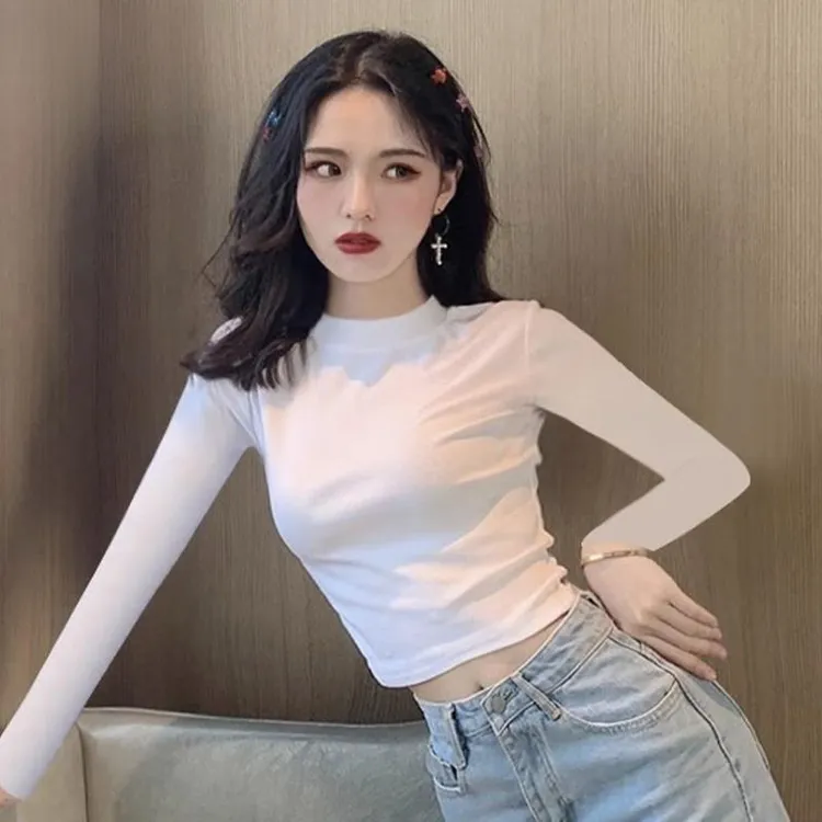 2024新辣妹设计感小高领长袖t恤女上衣高腰短款修身爵士舞上衣