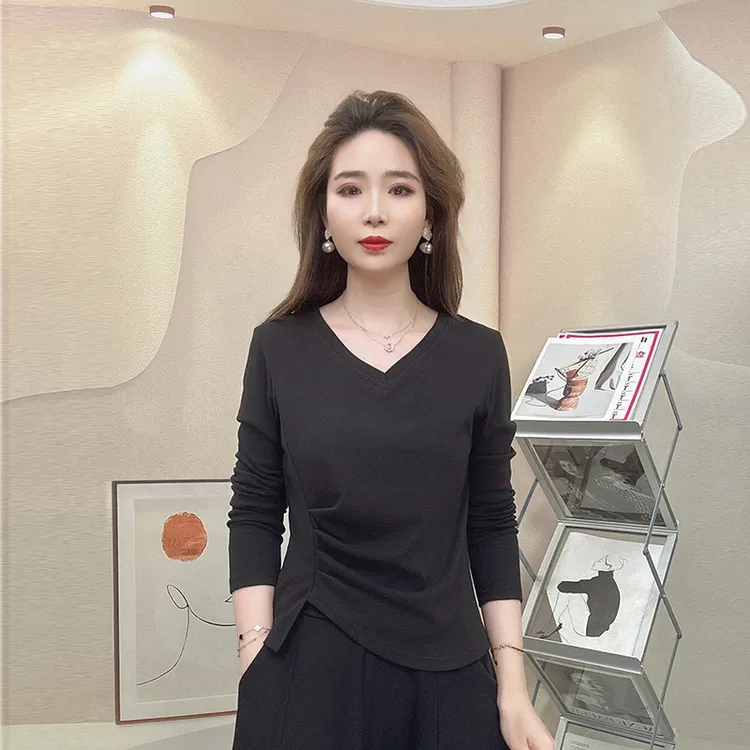  长袖t恤女95棉2024秋冬新款不规则褶皱上衣女百搭打底衫内搭外穿