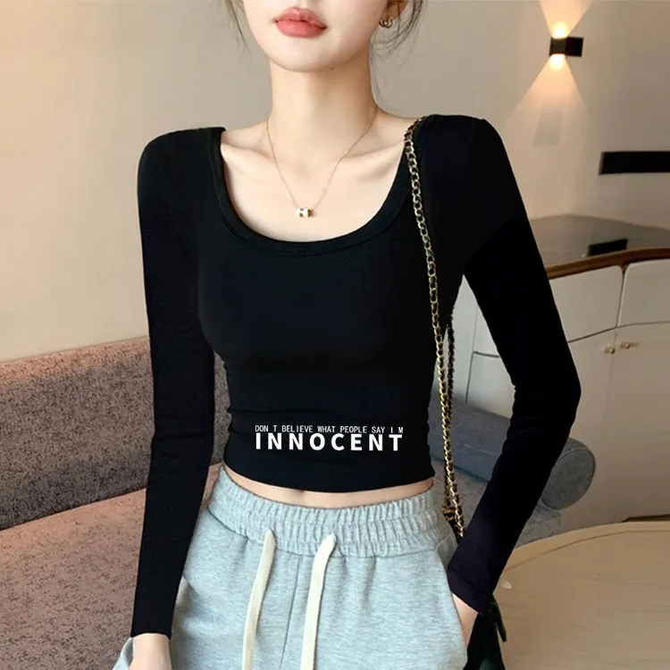 黑色U领短款印花女内搭2024年春秋季修身高腰低领长袖爵士舞上衣