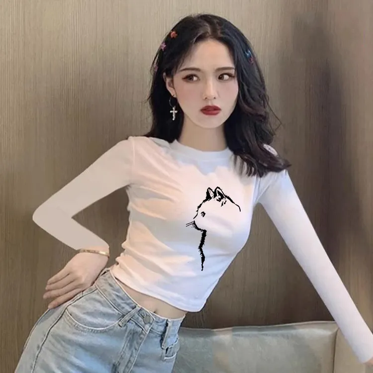 新款猫咪印花辣妹圆领短款收腰紧身长袖t恤女春秋季棉内搭打底衫