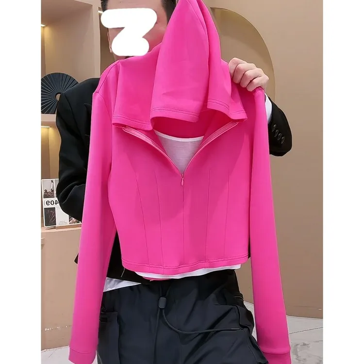 时尚撞色拼接假两件连帽上衣女高级感气质显瘦短款t恤春秋季新款