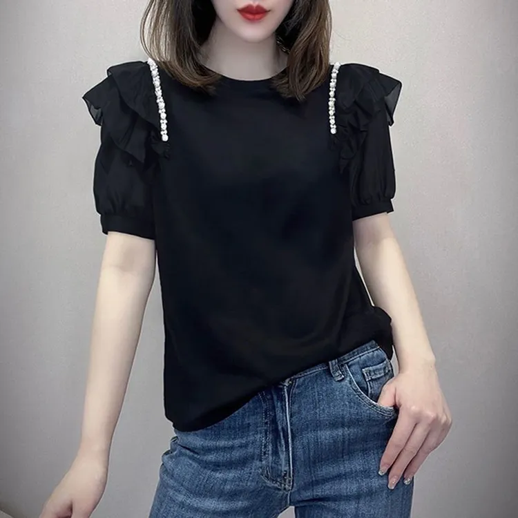 纯棉短袖t恤女2025夏季新款荷叶边重工钉珠圆领洋气上衣打底衫女