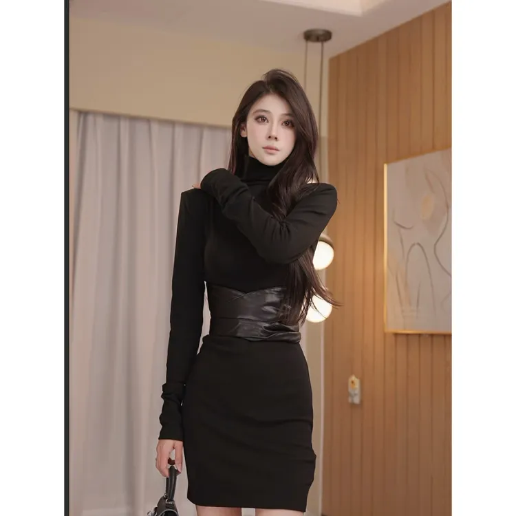 ABTIKS 黑色赫本风长袖性感包臀裙拼接收腰连衣裙时尚鱼尾裙