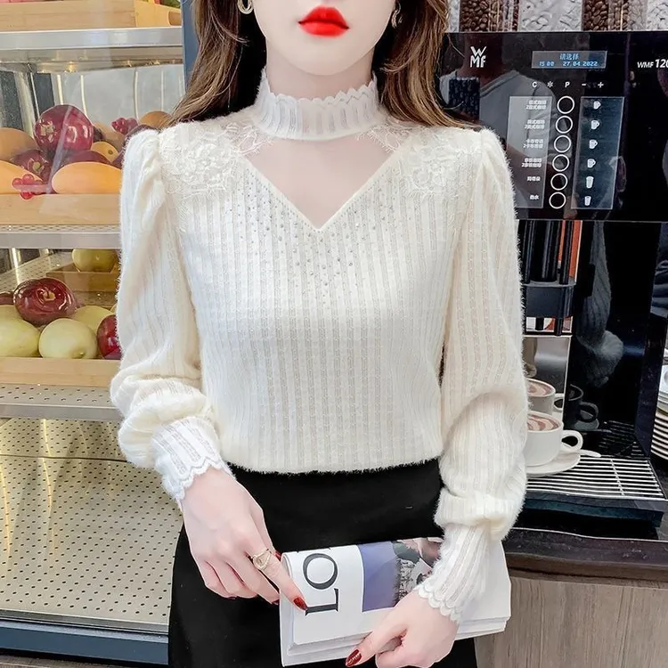 2024秋冬磨毛蕾丝打底衫女保暖小衫加绒女装韩版长袖百搭上衣遮肚