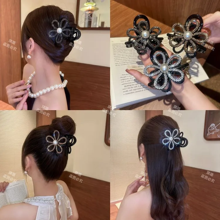高级感闪亮镂空花朵抓夹女轻奢时尚盘发鲨鱼夹2024新款高马尾发夹