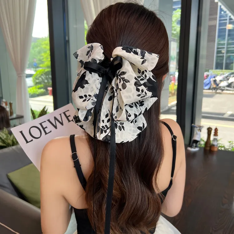 非金属布艺发饰 复古印花蝴蝶结飘带抓夹法式百搭发夹头花头饰女