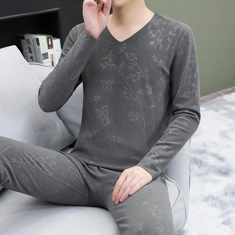 德绒保暖套装男士内衣2024新款无痕V领紧身冬季中年发热秋衣秋裤