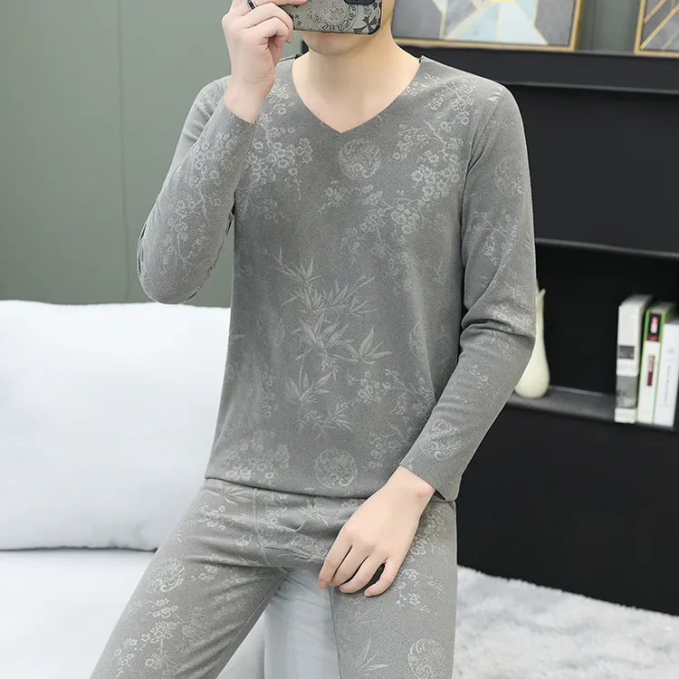 德绒保暖套装男士内衣2024新款无痕V领紧身冬季修身发热秋衣秋裤