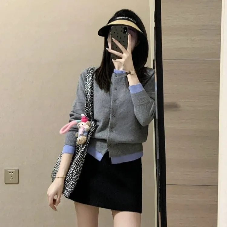 独特漂亮初秋衣服秋季女装时髦洋气假两件针织衫开衫毛衣外套上衣