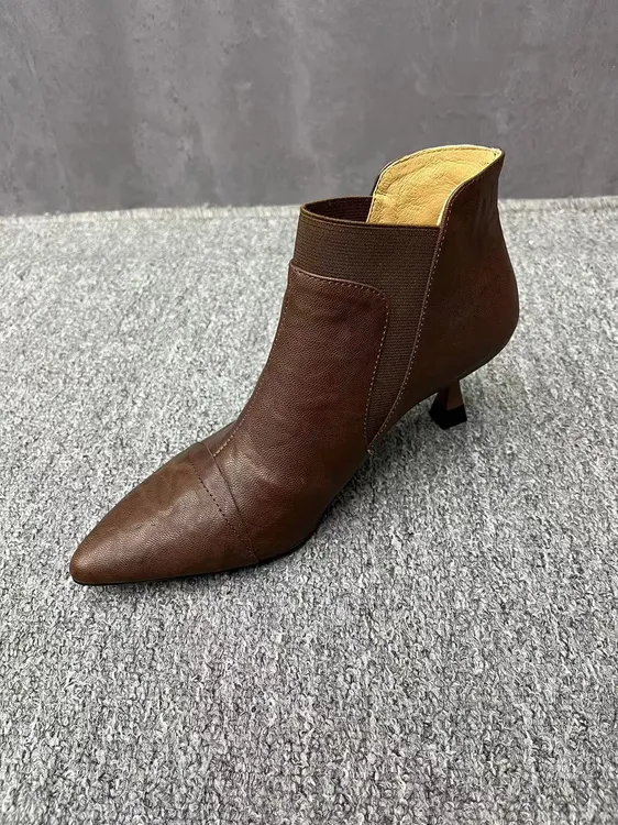 丽尔手工女鞋]5厘米高跟复古阔腿裤高级感独特100%精致气质短靴