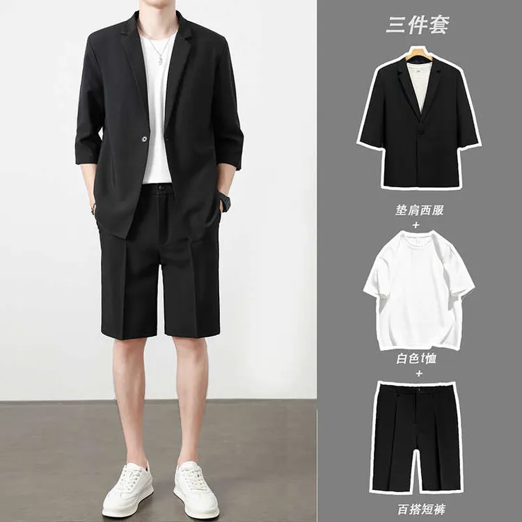 轻熟风七分袖休闲西装男套装春秋夏季韩版宽松中袖男士西服两件套