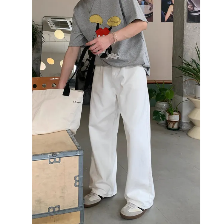 春秋复古美式小直筒牛仔裤男韩版宽松直筒通勤白色休闲阔腿长裤子
