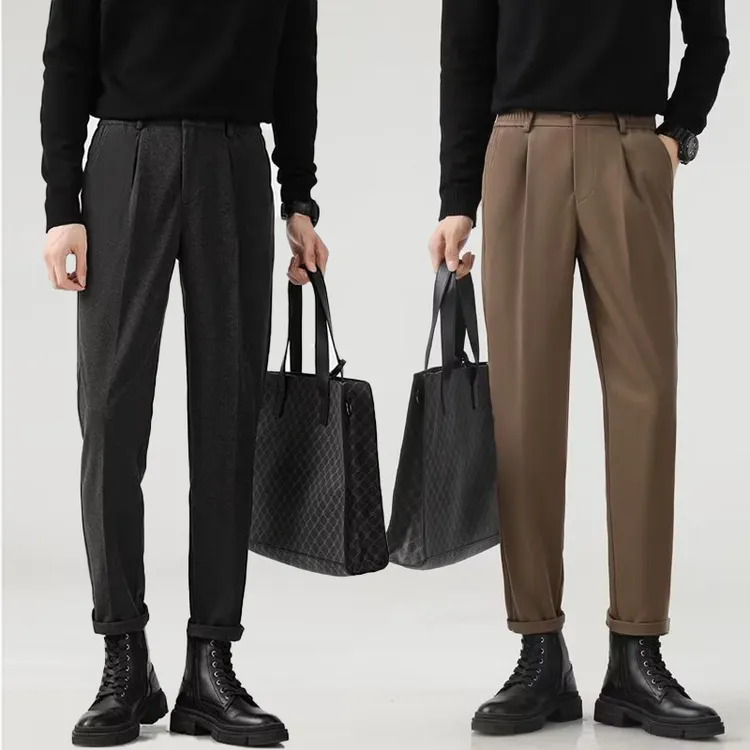 毛呢西裤男秋冬长裤垂感锥形裤韩版加厚男士百搭修身直筒休闲裤子