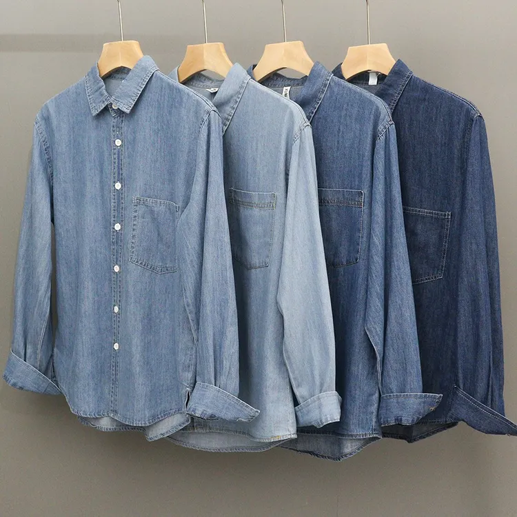 水洗棉长袖牛仔衬衫男内搭春夏季复古做旧薄款外套情侣衬衣男女装