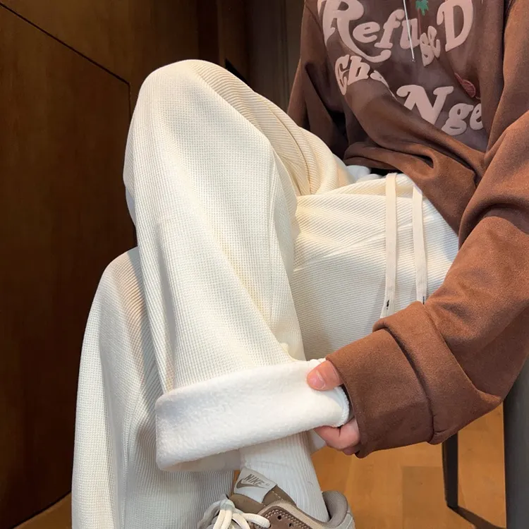 加绒灯芯绒裤子男秋冬垂感宽松直筒卫裤阔腿男裤休闲长裤男款春秋