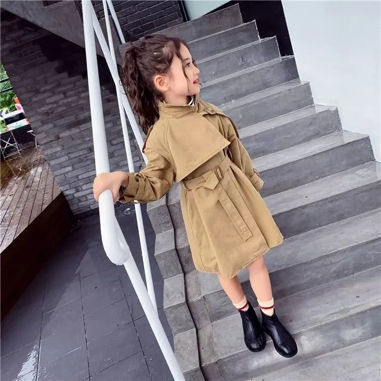 女童风衣秋装小女孩中长款外套纯色春秋洋气韩版上衣中大童外套