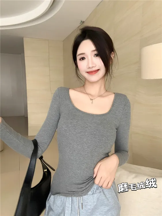 秋冬保暖磨毛加绒纯色百搭T恤方领露锁骨修身内搭长袖打底衣女