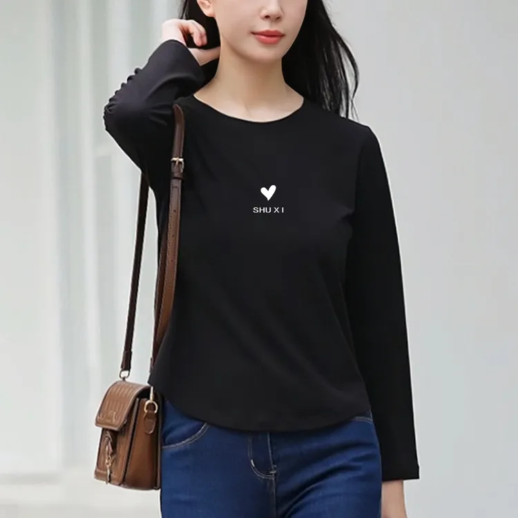 新款精梳棉微胖显瘦t恤女正肩不规则遮肉上衣秋冬长袖百搭打底衫