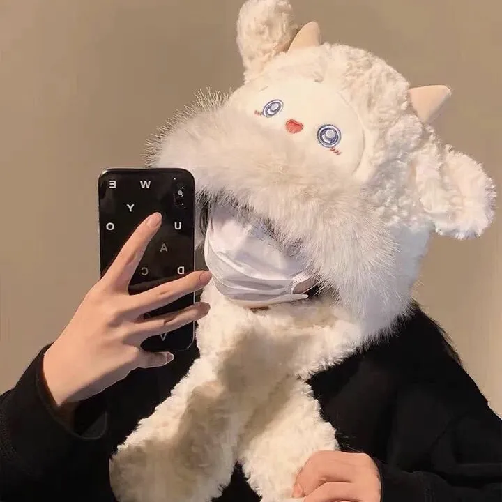 可爱耳朵会动的毛绒帽子围巾一体女秋冬季加厚防寒保暖护耳雷锋帽