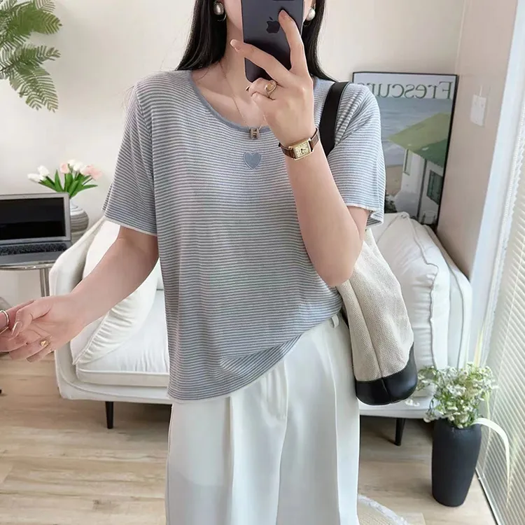 女士条纹薄款针织冰丝短袖t恤女2024新款爆款夏季短款小个子上衣