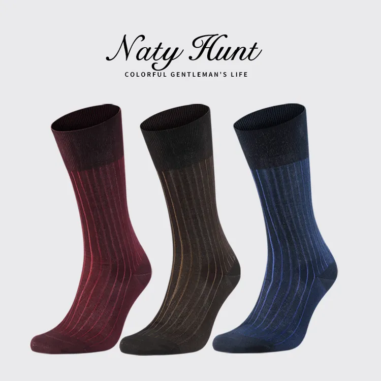 Natyhunt3双尼罗河轻薄100支棉正装商务绅士袜子男中长筒双色条纹