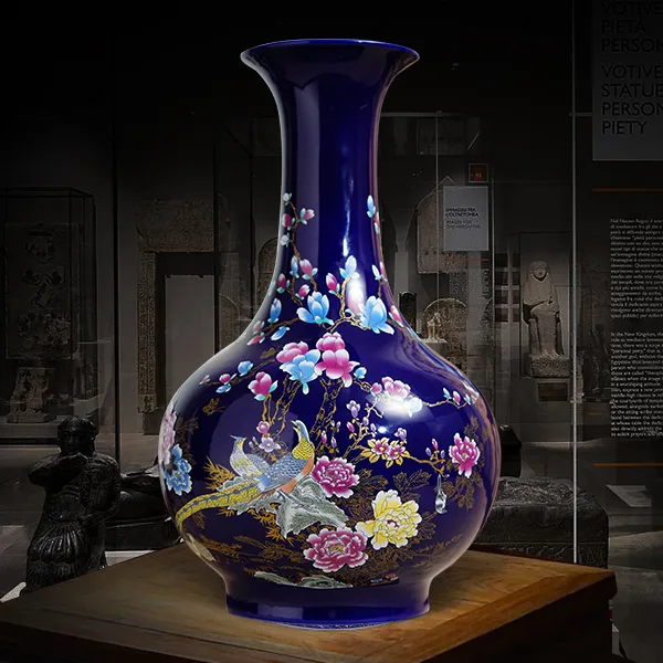 景德镇陶瓷经典锦绣前程手工宝石蓝釉赏瓶老师傅手作装饰送礼上选商品图