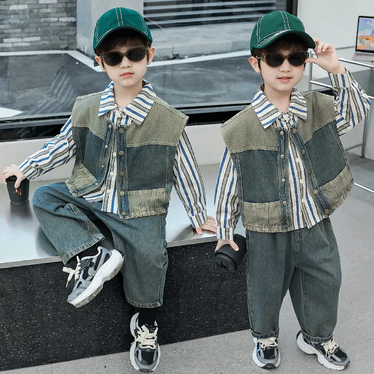 男童秋季牛仔马甲三件套2024新款韩版时髦痞帅男孩春秋装儿童套装