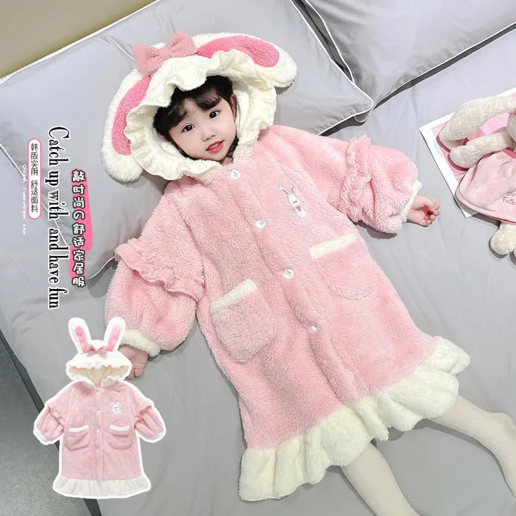 女童连体睡衣秋冬季法兰绒加厚珊瑚绒加绒家居服宝宝睡裙女孩睡袍