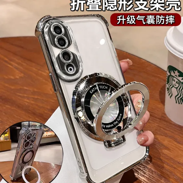 适用华为荣耀80pro曲屏版四角防摔气囊横竖支架透明简约软壳防摔