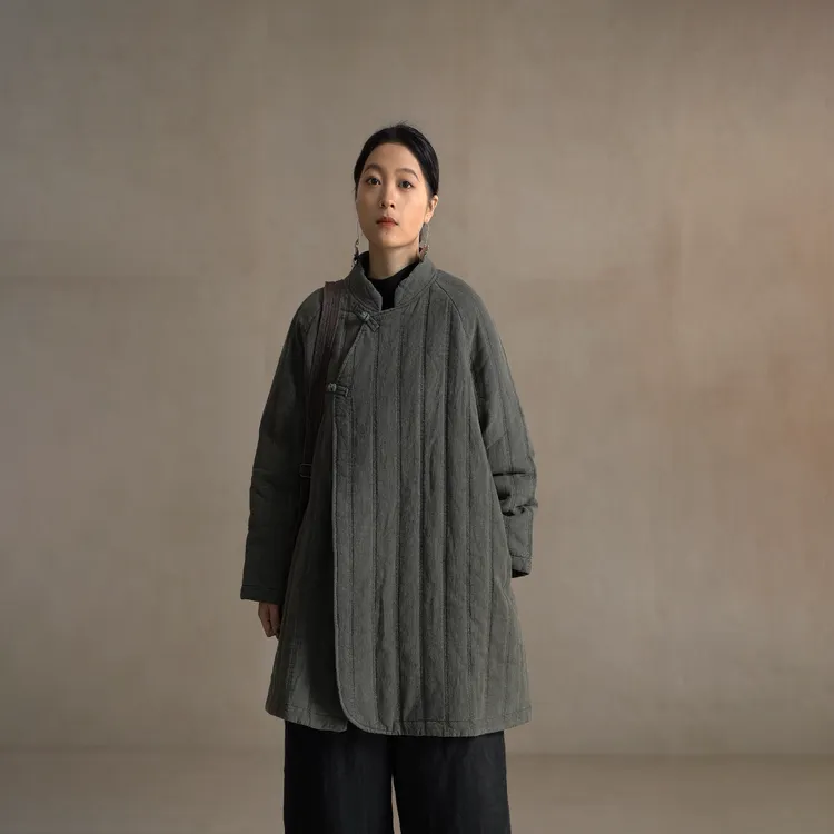 【以之】设计师原创宽松保暖新疆长绒棉斜襟外套冬季亚麻棉衣棉服