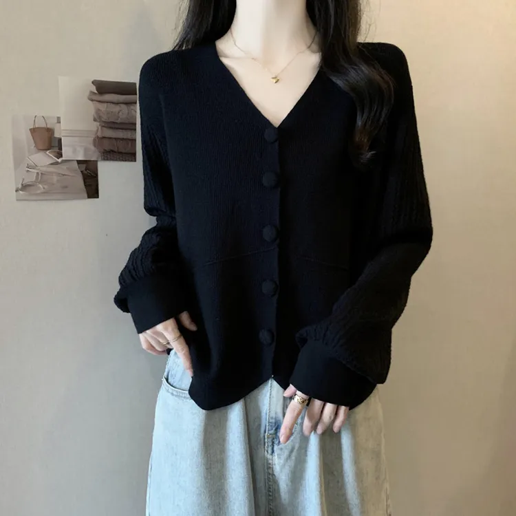 大码V领长袖针织开衫新款胖MM宽松上衣女胖mm显瘦遮肉