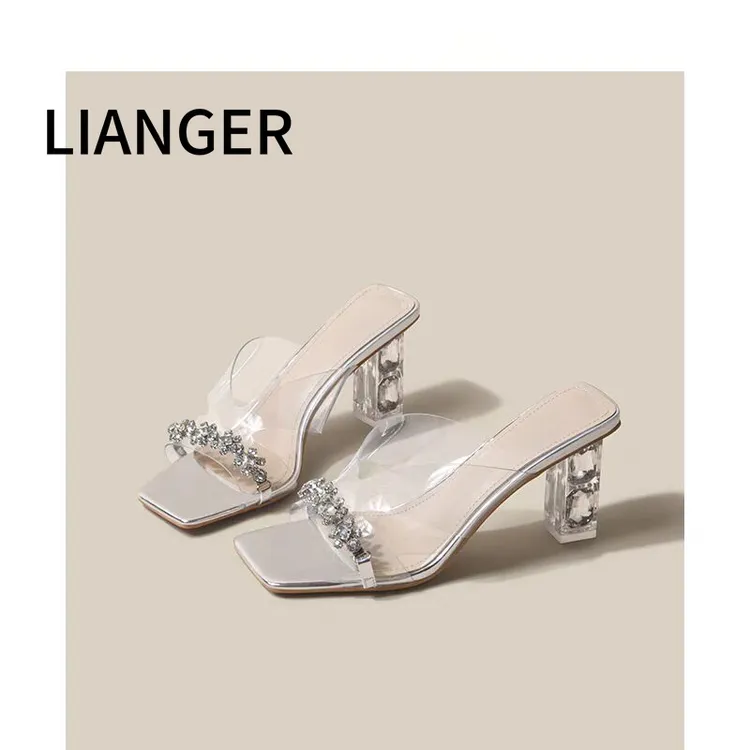 pvc透明水晶高跟鞋性感水钻凉鞋粗跟仙女2024新款方头凉拖鞋外穿