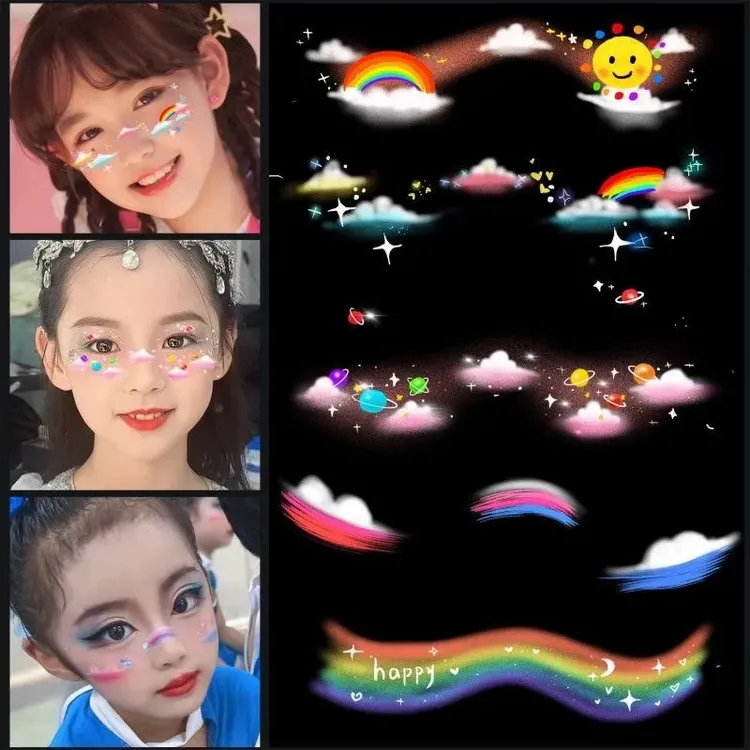 五一六一儿童节彩虹妆容纹身贴 舞台表演彩虹云朵太阳创意脸妆