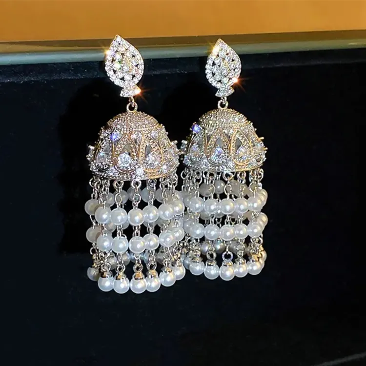 合金合成锆石耳饰 印度风宫廷复古长款珍珠流苏灯笼手工耳环女