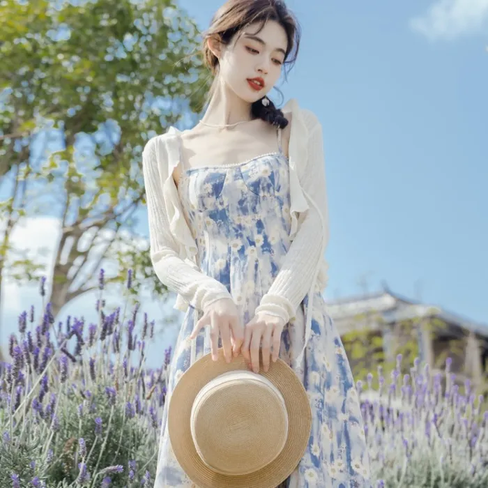法式蓝色油画长裙沙滩裙碎花吊带连衣裙女2023夏季仙气质感高级感