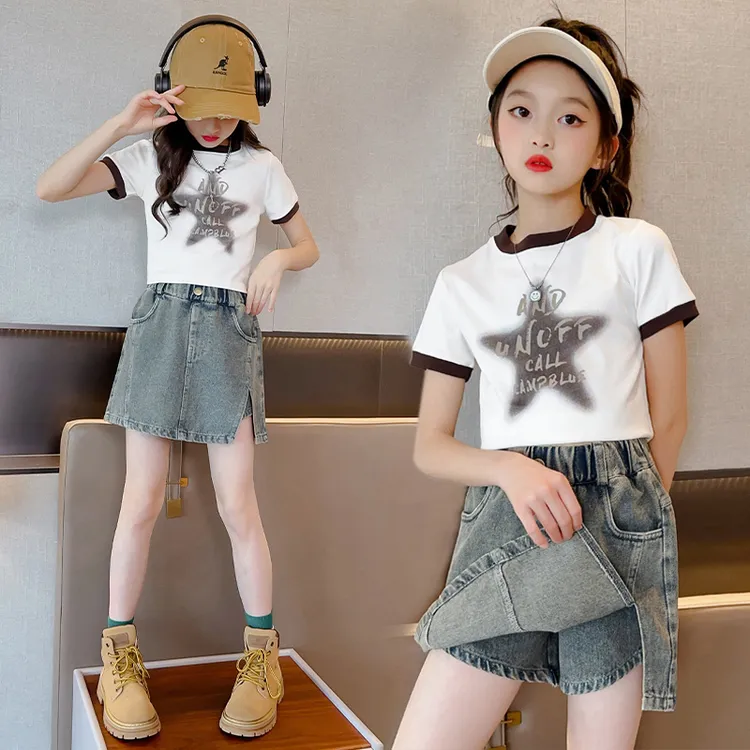 女童夏装套装洋气童装2025新款儿童中大童时髦夏季牛仔短裤两件套