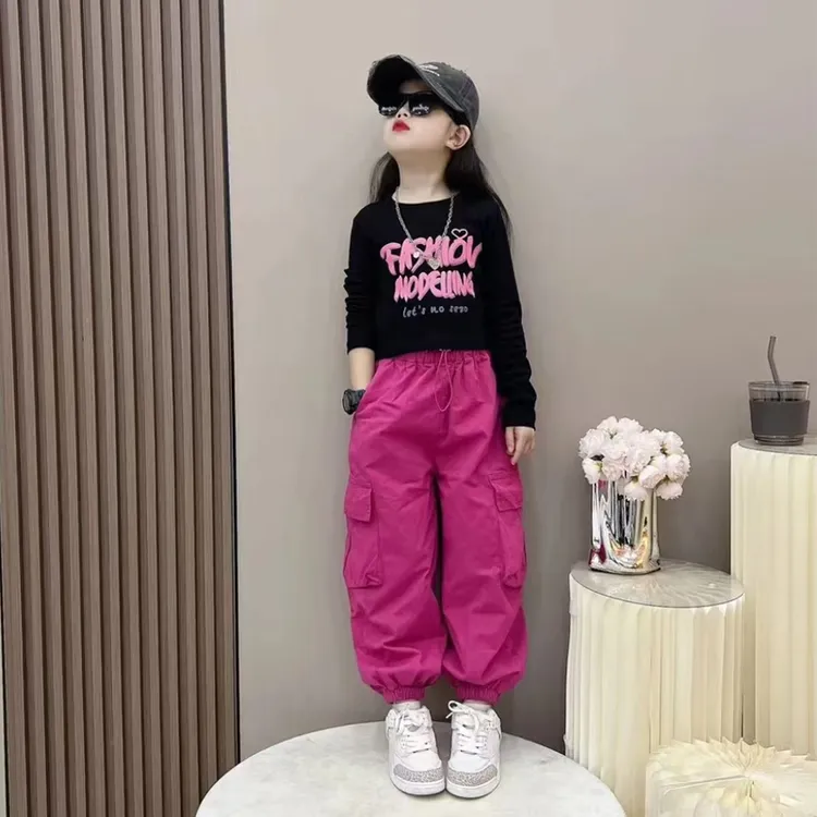 女童秋装套装洋气2025新款儿童时髦字母长袖打底衫春秋女孩工装裤