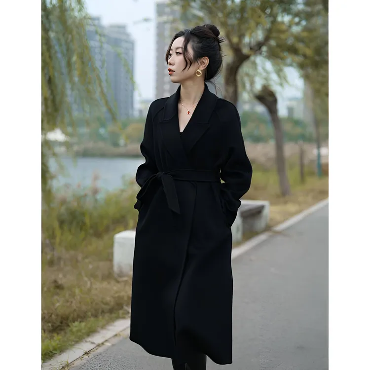 【100%纯羊毛】双面呢大衣女秋冬季气质长款腰带时尚百搭