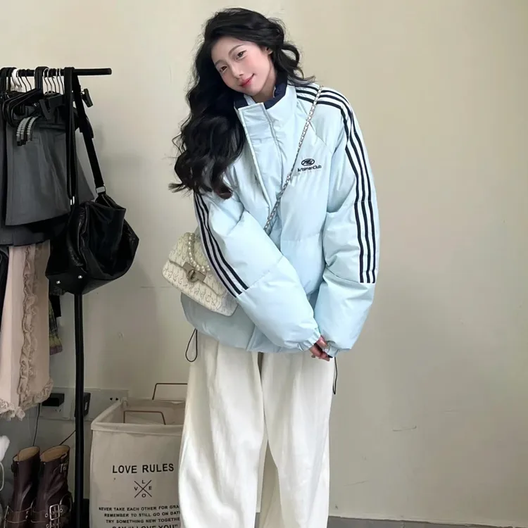 蓝色立领小个子棉服女冬季棉衣加厚设计感小众保暖学生情侣厚棉衣