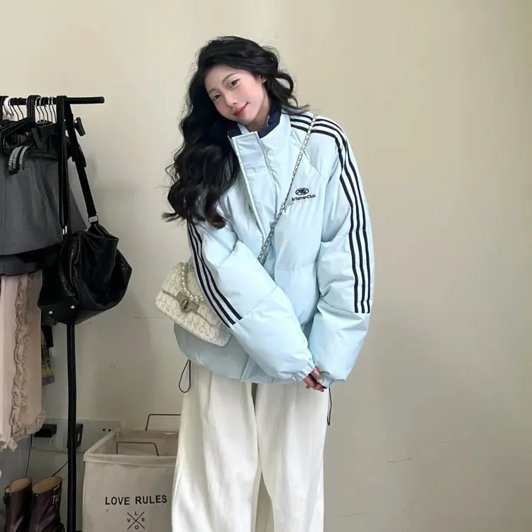 蓝色立领小个子棉服女冬季棉衣棉袄加厚设计感小众保暖学生潮外套