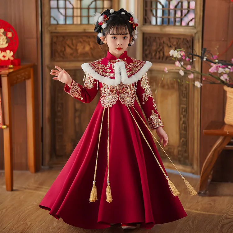 汉服女童秋冬款中国风古装冬季拜年服唐装新款女孩儿童古风演出服
