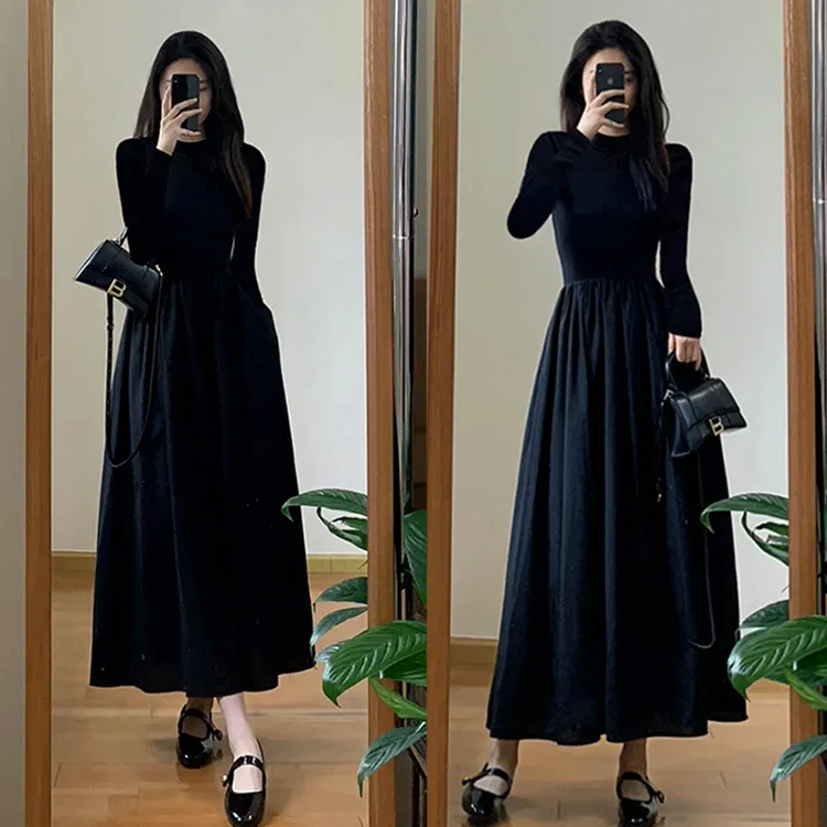 拼接针织黑色连衣裙女2025新款洋气小众设计感赫本风显瘦打底裙子