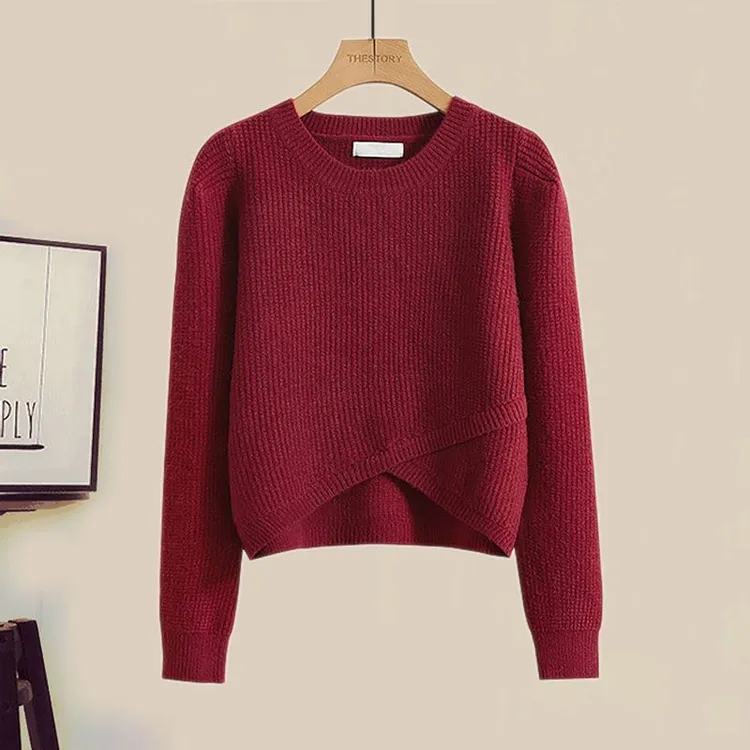 秋冬新款2025针织毛衣上衣女下摆交叉设计感洋气时尚百搭圆领毛衣