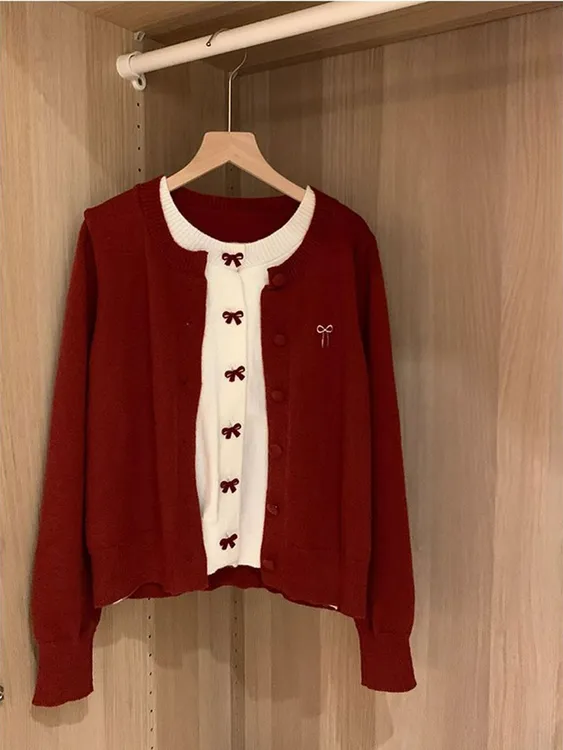韩系蝴蝶结红色假两件开衫毛衣女秋冬2025新款松弛感慵懒风针织衫