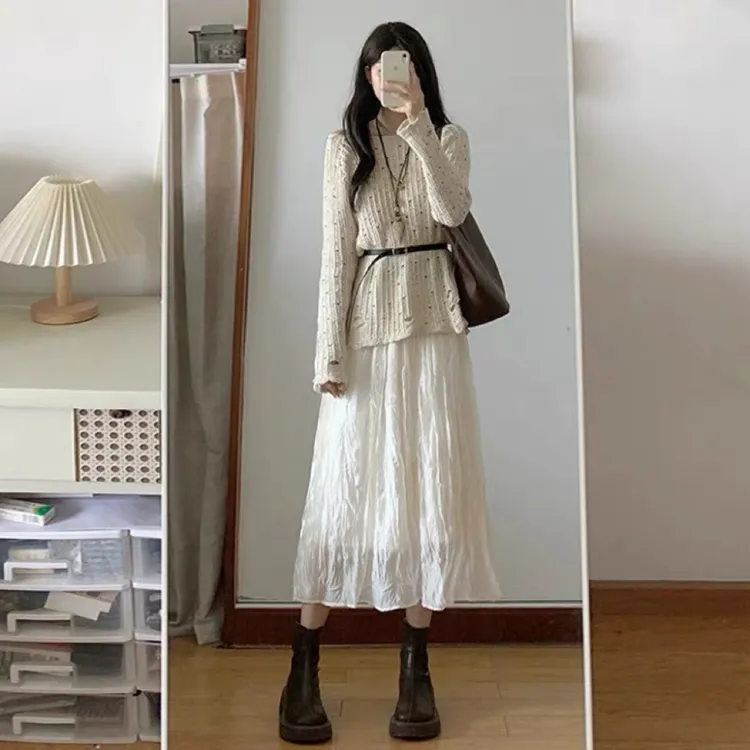 早秋韩系休闲慵懒风针织毛衣上衣网纱半身裙两件套茶系穿搭一整套